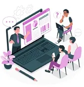 dessin ordinateur portable en visioconférence pendant une formation avec 3 apprenants